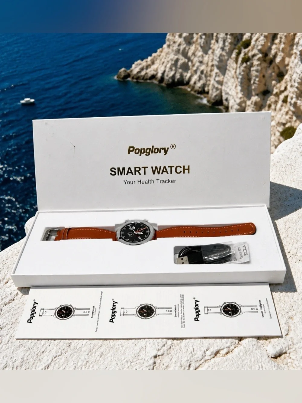 Popglory Smart Watch - Health Tracker with Brown Leather Strap